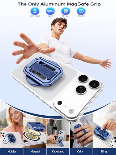 Image of 【On-the-Go】 Pro Aluminum Phone Grip Stand for MagSafe,【Extendable】 360 Rotatable Magnetic Ring Holder with【Anti-Slip】 Finger Strap for iPhone 17 16 Pro Max Portrait Landscape & Mag Safe Case - Blue
