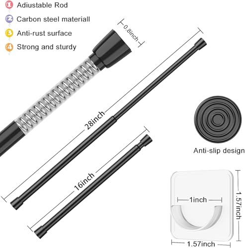 Image of AIZESI Spring Tension Rods Adjustable Tension Curtain Rod Small Tension Rod No Drilling Expandable Spring Loaded Curtain Tension Rod(Black,18 inch to 28 inch-4Pcs)