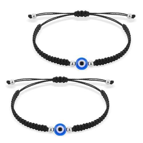 2 Stück Evil Eye Bracelet, Evil Eye Armband, Böser Blick Schnur Armbänder, für Damen, Herren, Mädchen, Jungen(Schwarz)