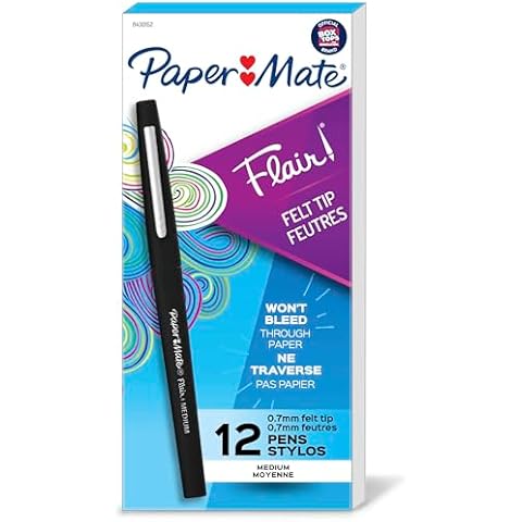 Paper Mate Flair Felt Tip Pens, Medium Point (0.7mm), Black, 12 Count Cover