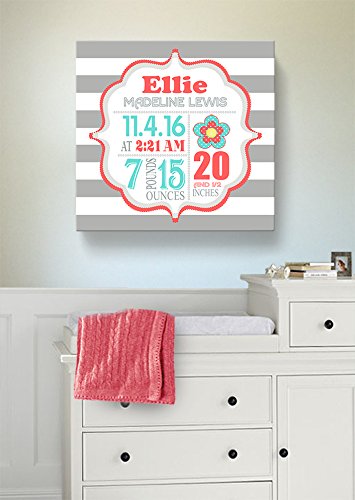 Personalized Stretched Canvas Birth Announcement Gift, Custom Baby Name, Date, Weight Stats, Newborn Flower Nursery Wall Art Decor, Wooden Frame Construction, Ready to Hang 20X20