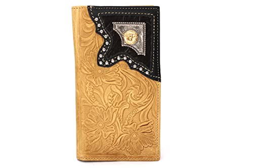 West Star Men Western Wallet Long Bifold Checkbook Style With Cow Hair Genuine Leather 202A Longhorn Tan Brown