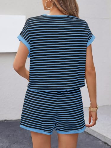 Image of Tankaneo Womens Summer 2 Piece Sets Striped Short Sleeve T Shirts and Shorts Loungewear Matching Set