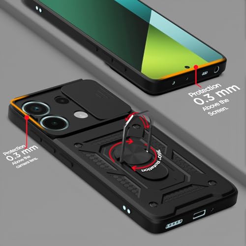 Image of Outlouders Back Cover for Redmi Note 13 Pro 5G / Poco X6 5G | D10 Tough Armor 360 Protection Case with Sliding Camera Shield & Ring Holder Stand Bumper Case (Black)