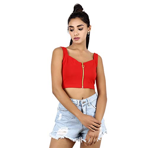 Image of POPWINGS Solid Casual Sleeveless Regular-Fit Crop Tops for Women with Front Chain| Crop Tops for Women Stylish Western Summer Wear