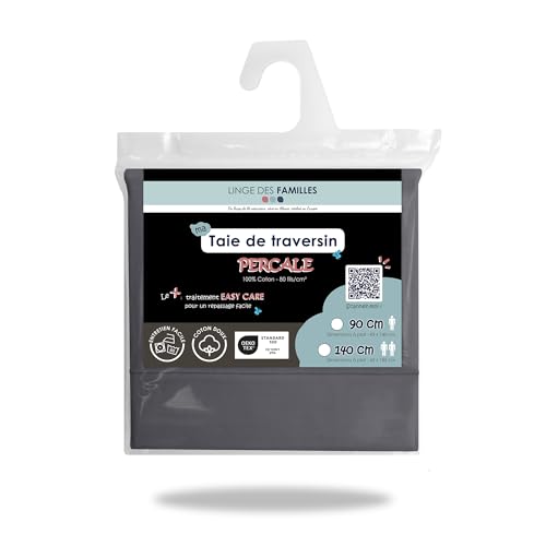 Linge des Familles - Taie 43x140 cm pour Traversin 90 cm - 100% Coton Percale - Gris Foncé - Taie de Traversin à Nouer - Label Oeko-TEX® Standard 100 -...