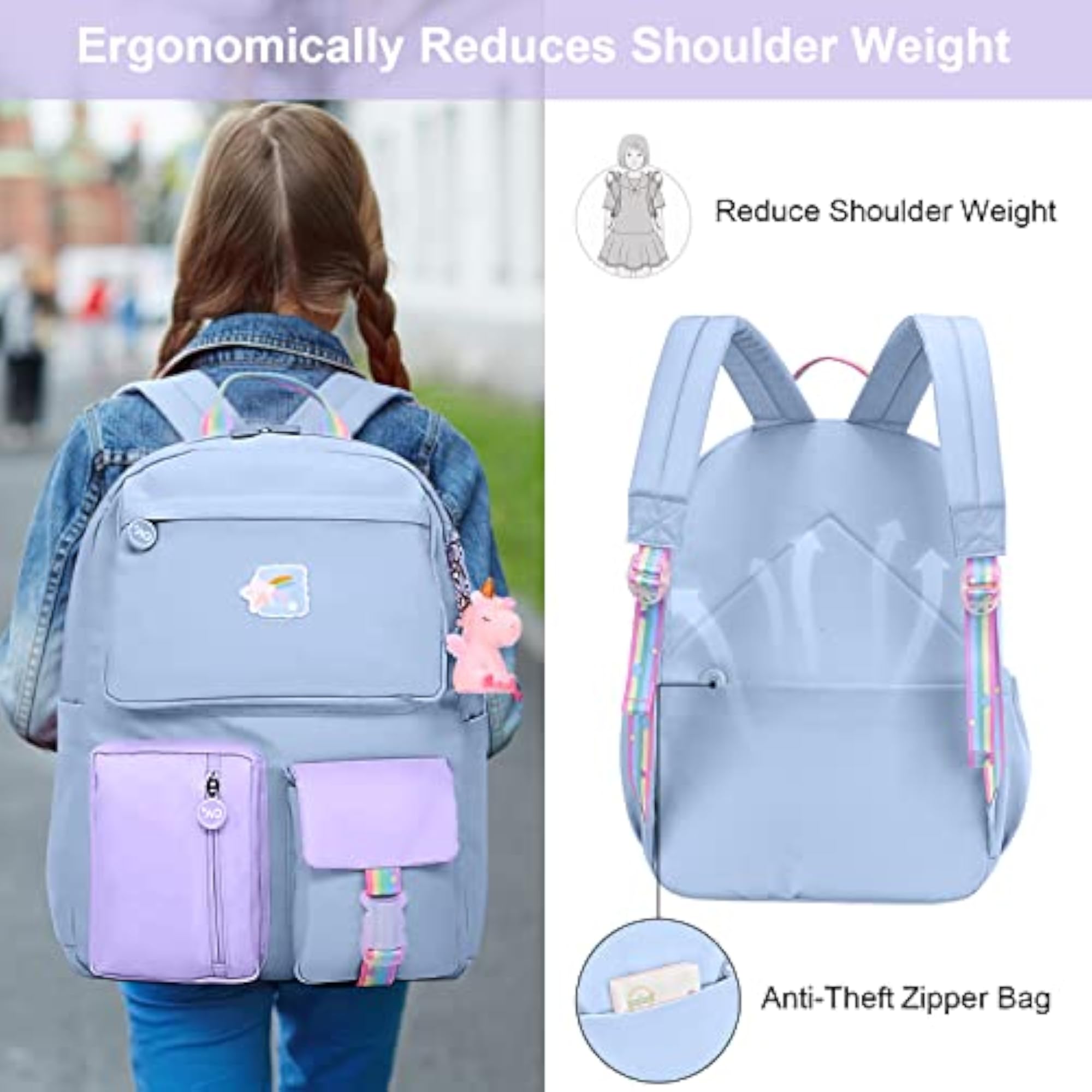 Cute Big Capacity School Backpack for Girls, Blue & Purple