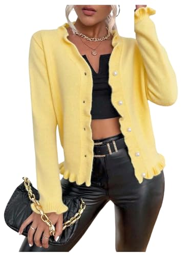 Image of Verdusa Women's Ruffle Trim V Neck Button Down Long Sleeve Knit Cardigan Sweater