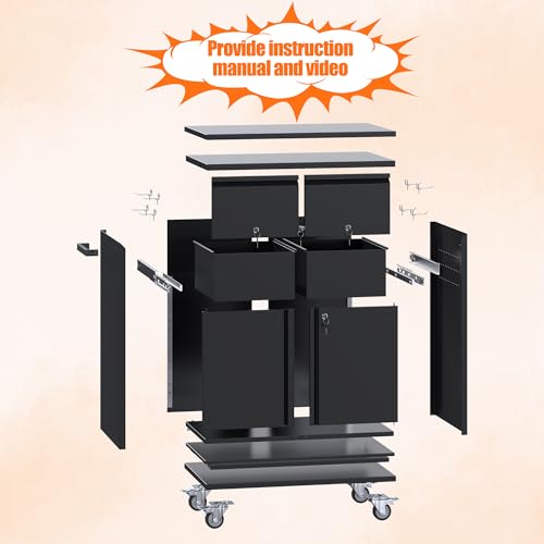 Image of Metal Tool Cabinet with 2 Drawers, Adjustable Shelf & Wheels, Black