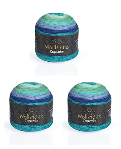 Cupcake 3 x 150g Strickwolle 450 Gramm Wolle zum Stricken und Häkeln Babywolle türkische Wolle Farbverlaufswolle (blau türkis grün 3090)