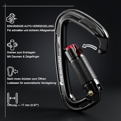 FresKaro Kletter Karabiner, Schraubkarabiner mit Große öffnung, Karabinerhaken Klettern, Carabiner Schwarz Matt, Schraubverschluss Groß, für Hängematte, Feuerwehr, Extra Stark 2550kg, 2 Stücke