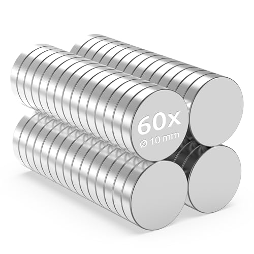 ECENCE Magneti al Neodimio 60 pz - Magneti tondi super potenti - Estremamente forti - Rivestimento NiCuNi di alta qualità - Magneti a disco Ø10x2mm - Uso versatile