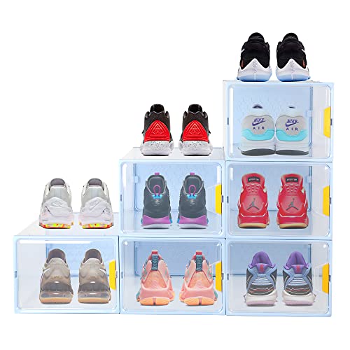 Bengenta Sneaker Boxes Clear Plastic Stackable, 6 Pack X-Large shoe storage boxes ,Sneaker Storage for Sneakerheads, Front Opening Foldable Shoe Organizer for Closet,Fit for US Size 14(blue)