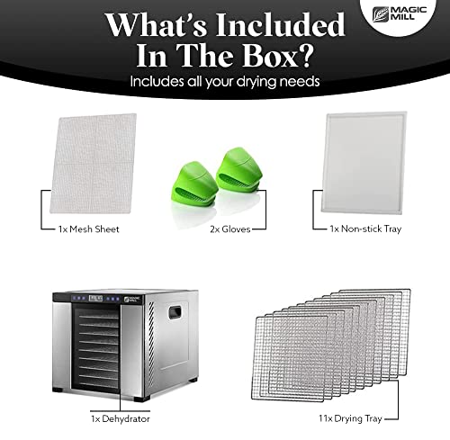 Image of Magic Mill Food Dehydrator Machine | 11 Stainless Steel Trays | Adjustable Timer and Temperature Control | Jerky, Herb, Meat, Beef, Fruits and Vegetables Dryer | Safety Over Heat Protection