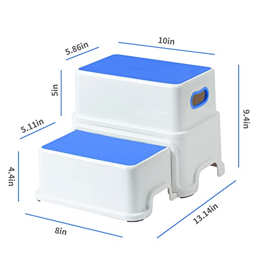 Image of Victostar 2 Step Stool for Kids, Anti-Slip Sturdy Toddler Two Step Stool for Toilet Potty Training, Bathroom,Kitchen (Blue)