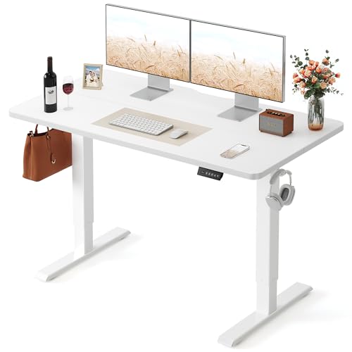 Image of FEZIBO 55 x 24 Inchs Electric Standing Desk, Height Adjustable, Sit Stand Up, Computer Office Desk with Splice Board, White Frame /White Top