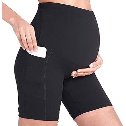 Buliezy Black Maternity Yoga Shorts Tigh Over Bump Shapewear High Waist Seamless Support Soft Active Pregnancy Panties with Phone Pockets(S-XL) Cover