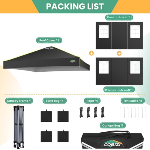 Image of COBIZI 10x10 Pop Up Canopy - One Push Setup Tent, Glow Strips, 4 Sidewalls