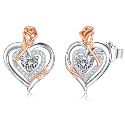 LAVUMO Ohrringe Silber 925, Hypoallergene Rosen Herz Ohrringe Damen,5A Zirkon Geburtsstein Schmuck Ideal Geschenke für Frauen Frau Mutter Weihnachten Valentinstag Geburtstag Muttertag Jubiläums