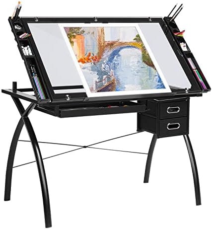 ITUSUT Drafting Table for Artists, Height Adjustable Drawing Desk with Tempered Glass Tabletop, Art Desk Study Table with Storage Drawers and Tray, Craft Station with Sturdy Metal Frame, Black
