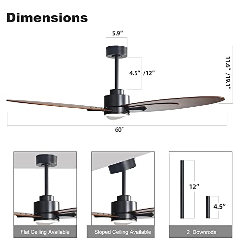 Ledlux 60 Inch Ceiling Fan With Light, Reversible Dc Motor, 6 Speed Remote Control, 3 Solid Wood Blades Ceiling Fan For Living Room/Bedroom/Kitchen (Walnut) #TOP1