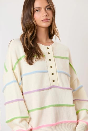 Casual and Cozy White Sweater with Vibrant Rainbow Stripes and Henley Neckline | (US 8-10) M3