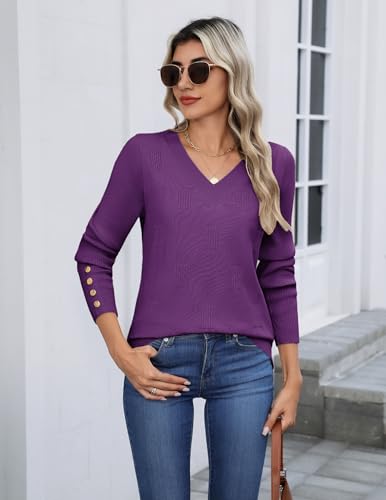 Zeagoo Womens V Neck Sweaters Shirts Long Sleeve Lightweight Ribbed Knit Pullover Sweater Blouse Tops with Buttons Oufits3