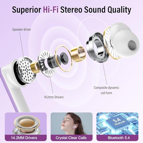 Image of Wireless Earbuds, Bluetooth 5.4 Headphones with Multifunctional Touch Screen, 48H Bass Stereo Ear Buds with ANC /ENC Noise Cancelling /Transparency Mode, IPX7 Earphones with 5 EQ Modes, Taro purple