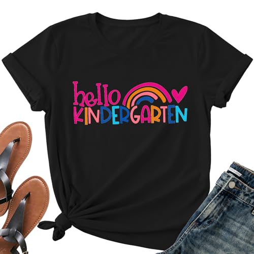 Image of Kindergarten Teacher Shirts for Women-Rainbow Heart Short Sleeves | Cute Back to School Shirt Great for Preschool Educators Classroom Daily Work First Day Celebration Events