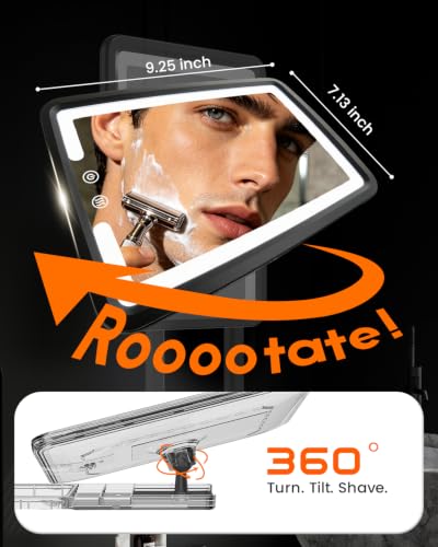 Image of Heated Shower Mirror Fogless for Shaving with 3-Color Dimmable LED Lights, Rechargeable, 360 Degree Adjustable, Drill-Free, All-in-One Storage Tray Holds Shaving Foam, Brush and 2 Razors, Black