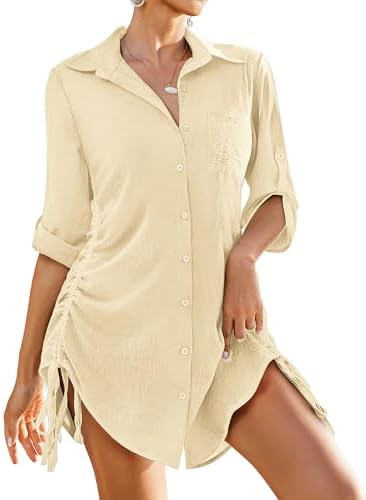 AI’MAGE Bathing Suit Cover Ups for Women Button Down Bikini Swimsuit Coverup Drawstring Beach Dress Shirt S-3XL