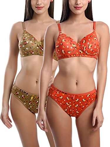 Image of FIMS - Fashion is my style Cotton Flower Print Padded Bra Panty Set for Women, Non Wired, Full Coverage, Tshirt, Back Closure, Push up, Teenage, Regular, Soft Cups