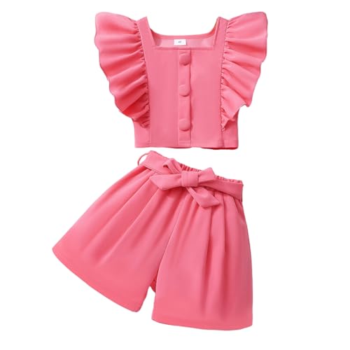 Image of Toddler Girls Two Piece Square Neck with Button Ruffled Sleeveless Top and Bow Tie Waistband Short Sets