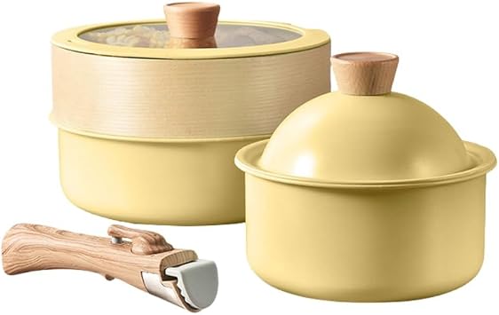 Nordic Style Stylish Pot Set, Ceramic Pot with Detachable Handle, Non-Stick, Lightweight Aluminum, Milk Pan, Deep Frying Pan, 7.1 / 9.4 inches 18 / 24 cm, Steamer Included, Multifunctional