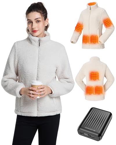 Evonicc Womens Heated Jacket with Battery Pack 12V 18400mAh Fuzzy Fleece Heated Jacket for Women Warming Casual Sherpa Jacket Heated Coats Ice Skating