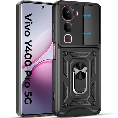 Image of A rtistque Armor Bumper Back Case Cover for Vivo Y400 Pro 5G | Stylish Ring Holder & Inbuilt Stand | Sliding Camera Cover | Shockproof TPU Protective Design | Vivo Y400 Pro Back Cover - Black