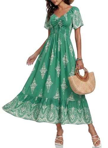Image of Summer Smocked Boho Maxi Dress for Women 2026 Short Sleeve Floral Smocked Flowy Ruffled Beach Vacation Dresses Lightweight