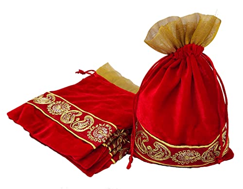 Image of Fabric 18Cm X 24Cm Large Velvet Drawstring Bags Pouches Potli For Gift Wedding Jewelry Packaging Bridal Party Favors For Women (5 Pc Set, Red Color)