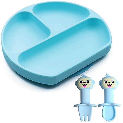 Baby Teller mit Saugnapf, Silikon Kinderteller Sets mit Löffel und Gabel Anti-Rutsch Babyteller Saugnapf BPA-Frei Spülmaschinen und Mikrowellenfest für Baby Kleinkind und Kinder Cover