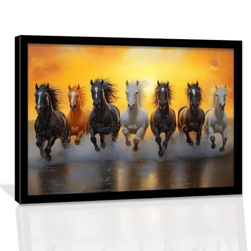 Image of HOTHOUSE Seven Running Vastu Lucky Horse | 7 Horses Vastu Frame Wall Art Painting for Living Room Bedroom Office Home Decor Rising Sun Painting Wall Decor Size (13X17 inch)