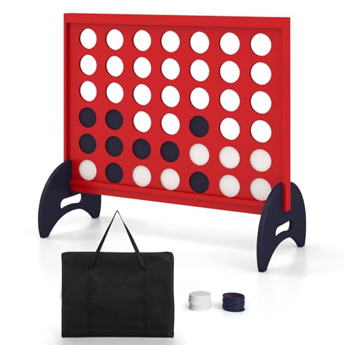 COSTWAY Giant 4-to-Score Game Set, 4-in-A-Row Game Set w/42 PCS Jumbo Rings & 600D Oxford Fabric Carrying Bag, One-Hand Release Lever, Line-up-4 Game for Kids, Adults Indoor & Outdoor Use (Red)