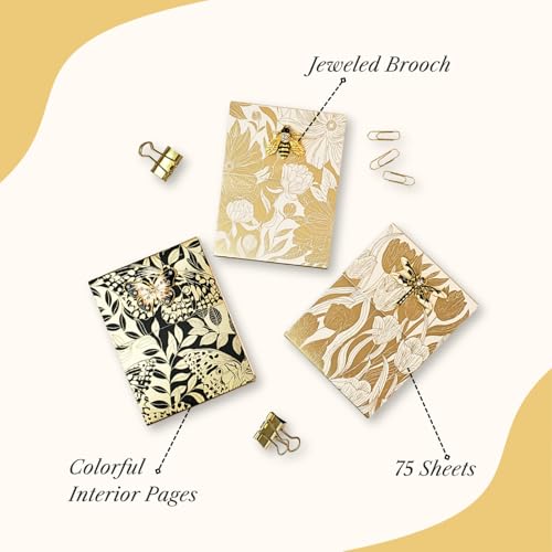 Image of Punch Studio Flip-Top Notepad For Daily Notes or Notes on-the-go, with Magnetic Closure, Brooch Embellishment, Gold-Foil Accents & 75 Illustrated Sheets, 5 inch x 3.75 inch - White Dahlias (50440)
