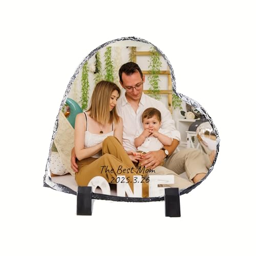 Marco de fotos personalizado con placa de pizarra de piedra, regalos personalizados para el día de la madre, día del padre, día de San Valentín, boda, cumpleaños, Navidad, forma de corazón, 5.9 x 5.9