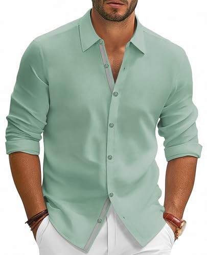 PJ PAUL JONES Mens Dress Shirt Casual Long Sleeve Button up Shirts Casual Wrinkle Free Untucked Business Shirt Green XL