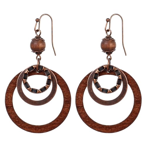 Yuanchnu Handmade Wooden Dangle Boho Earrings for Women, Bohemian Earring Vintage Carved Brown Circle Openwork Brown Drop Tribal Multi-Layer Hoop Earring Wood Hollow Geometric Lightweight Jewelry Gift
