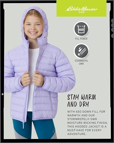 Image of Eddie Bauer Girls' Jacket - CirrusLite Weather Resistant Down Coat for Girls - Insulated Quilted Bubble Puffer (3-20), Size 10-12, Lavender