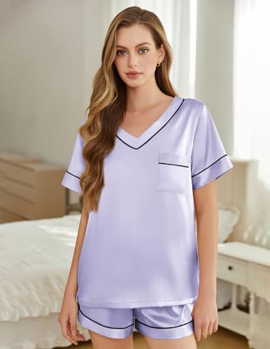 Image of Silk Pajamas for Women Short Sleeve Satin 2 Piece Pj Set Soft V Neck Sleepwear Loungewear, S-XXL