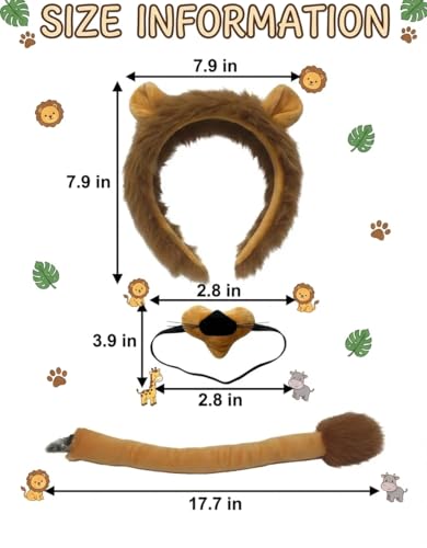Image of Lion Headband with Nose and Tail Costume Set, Halloween Animal Ears Costume Dress Up Suit, Cosplay Party Supplies for Adult