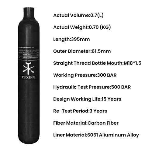 Image of TUXING 30Mpa 4500Psi Carbon Fiber HPA Tank,0.7L 42Cu in 700cc Composite Cylinder Paintball Hunting for PCP Air Rifle Gun Daystateand FX Thread M18 * 1.5 (0.7M)
