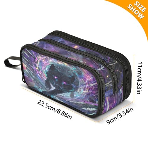 Image of Black Wolf Purple Eyes Galaxy Pencil Case Large Capacity Pencil Pouch Box Boys Girls School Supplies Pen Case Bag with Handle 3 Compartments Zipper